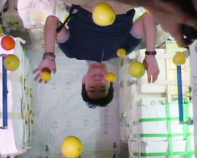 While unloading Japan's supply ship, astronaut Kimiya Yui poses upside down with fresh fruit. Image: NASA.
 